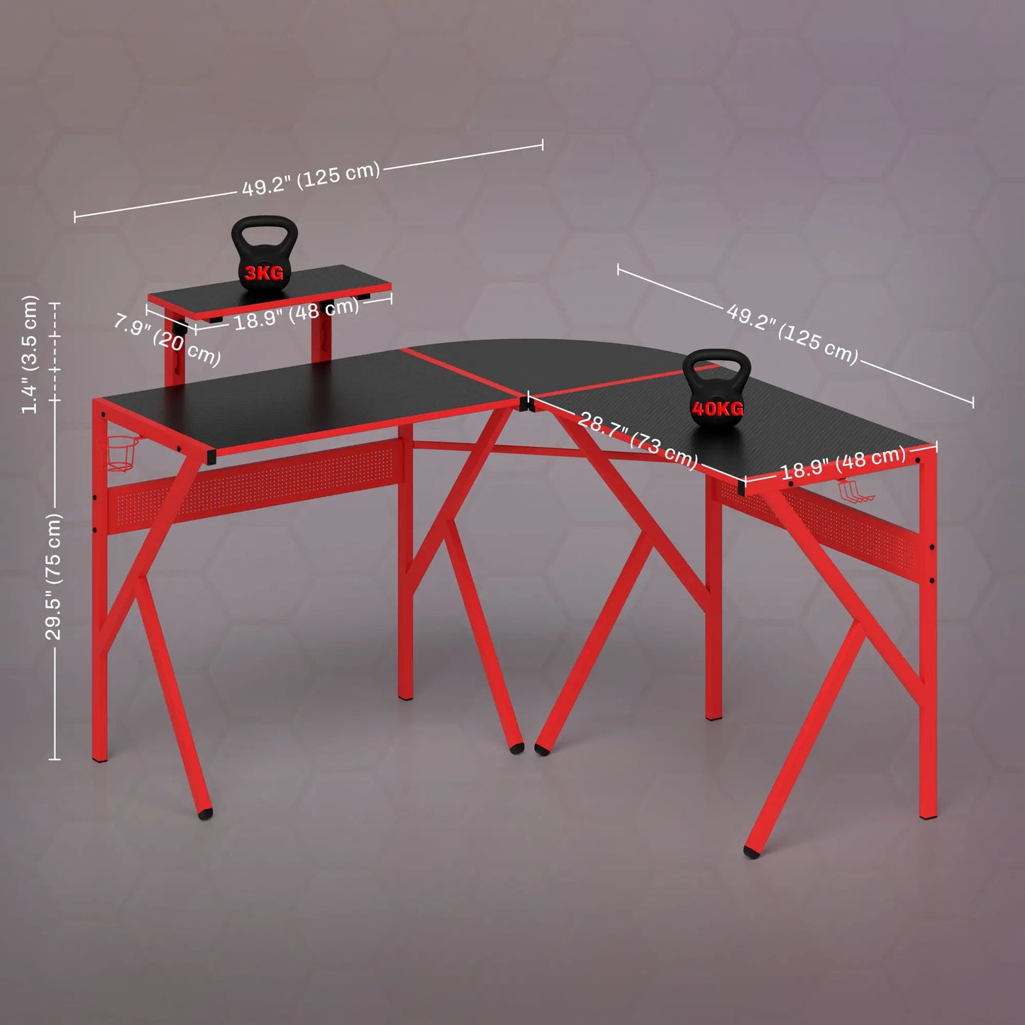 Gaming Desk L-Shaped Corner Computer Table, Red dimensions