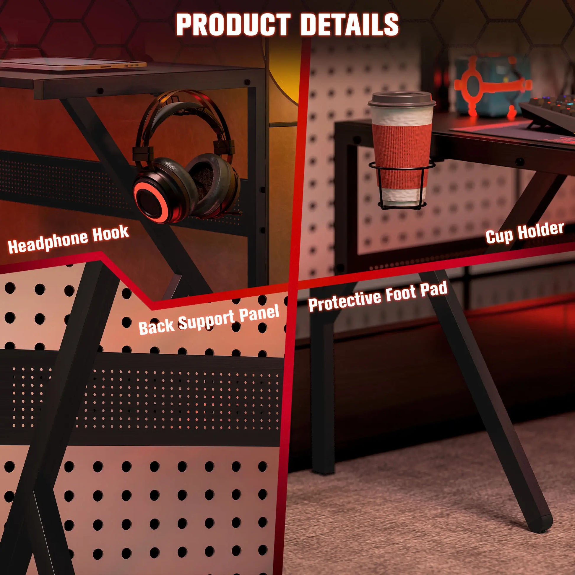 Gaming Desk L-Shaped Corner Computer Table with Adjustable Monitor Stand, Black -features