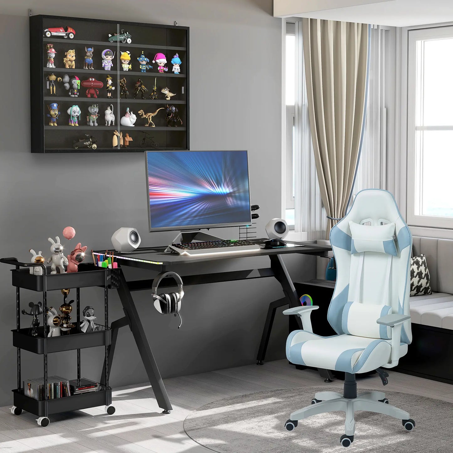 Gaming Desk with Carbon Fibre Surface, Headphone Hook, Controller Rack, Black