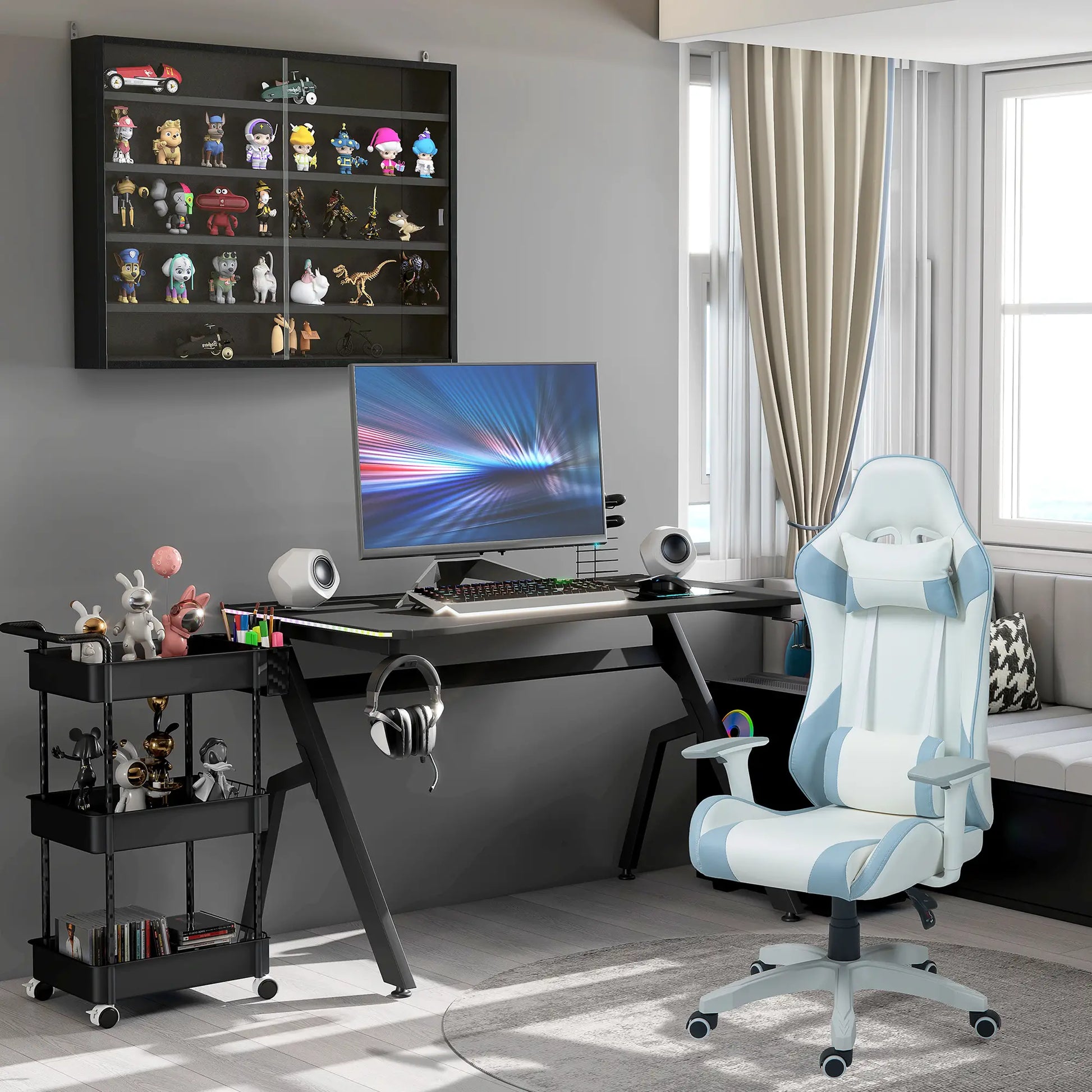 Gaming Desk with Carbon Fibre Surface, Headphone Hook, Controller Rack, Black