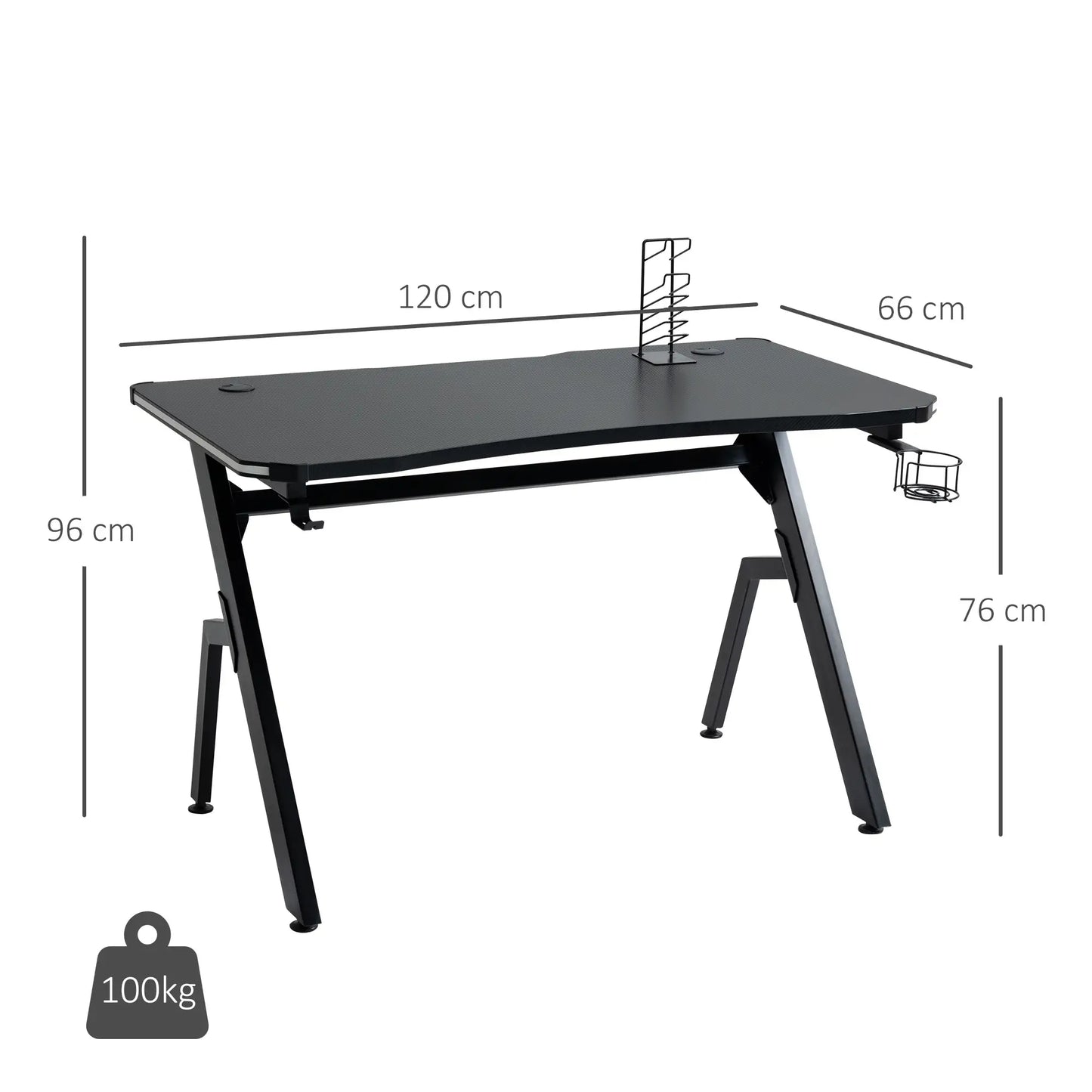 Gaming Desk with Carbon Fibre Surface, Headphone Hook, Controller Rack, Black dimensions