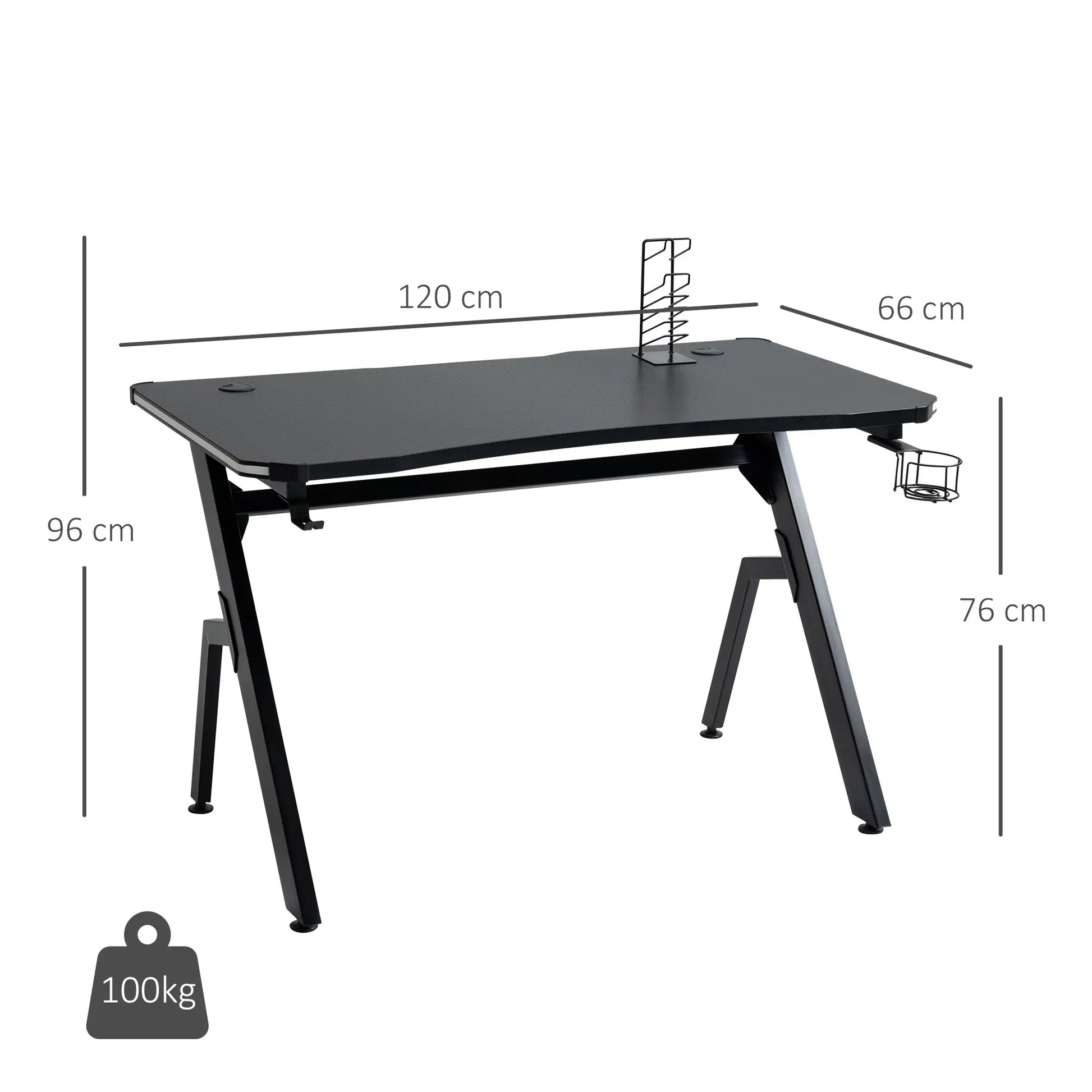 Gaming Desk with Carbon Fibre Surface, Headphone Hook, Controller Rack, Black dimensions