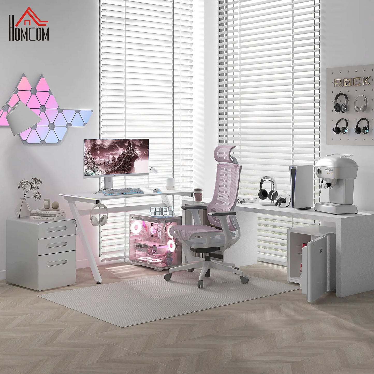 Gaming Desk with Headphone Hook, Cup Holder, Controller Rack, White