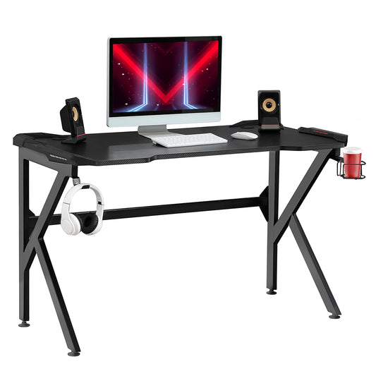 Gaming desk with Cup Holder Headphone Hook Feet Adjustable 120 x 66 x 75cm Black against a white background