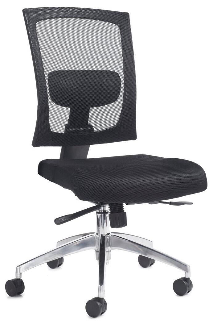 Black office chair with mesh backrest on a white background