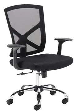 Black office chair with mesh backrest on a white background