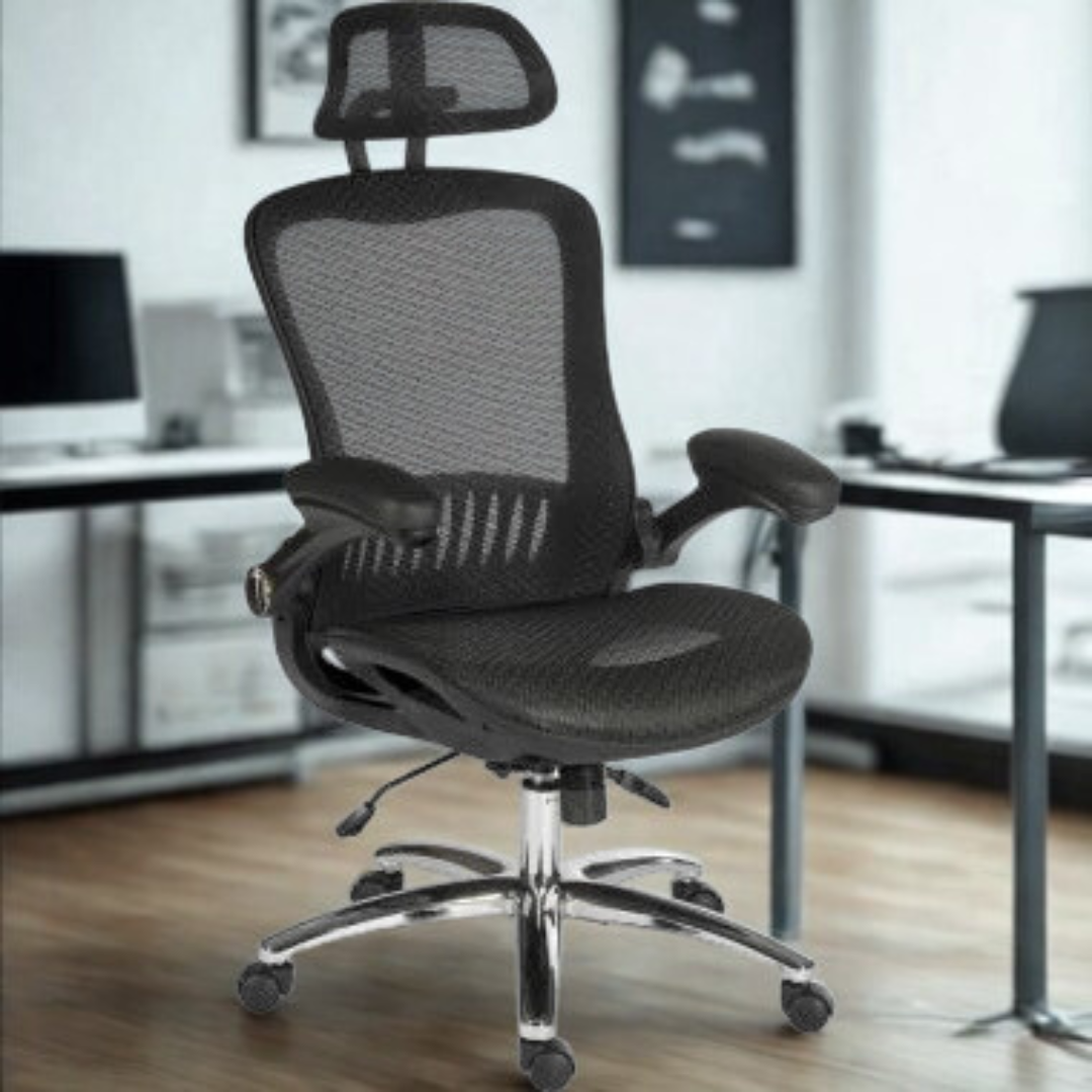 Black office chair in a modern office setting
