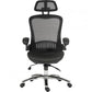 A black mesh office chair with a headrest, foldable armrests, and a chrome base with wheels.