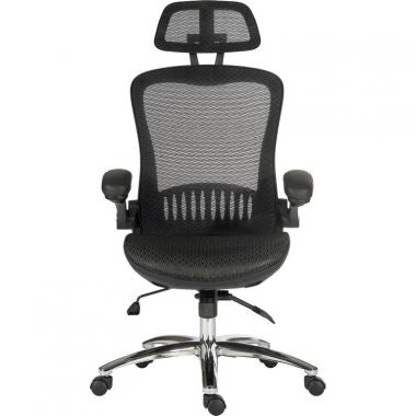 A black mesh office chair with a headrest, foldable armrests, and a chrome base with wheels.