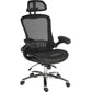 Black mesh office chair with headrest on white background