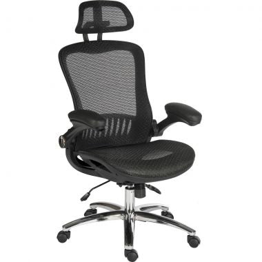 Black mesh office chair with headrest on white background