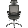 A grey mesh office chair with a headrest, foldable armrests, and a chrome base with wheels.