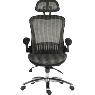 A grey mesh office chair with a headrest, foldable armrests, and a chrome base with wheels.
