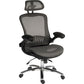 Grey mesh office chair with headrest on white background