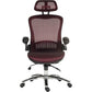 A red mesh office chair with a headrest, foldable armrests, and a chrome base with wheels.