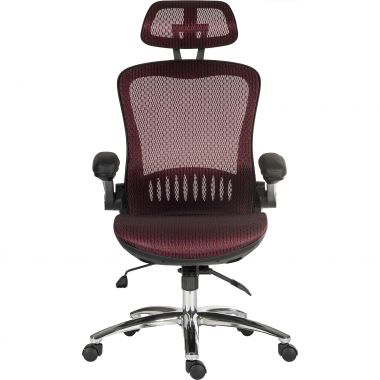 A red mesh office chair with a headrest, foldable armrests, and a chrome base with wheels.