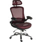 Burgundy mesh office chair with headrest on white background