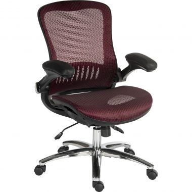 Burgundy mesh office chair with black accents on a white background.