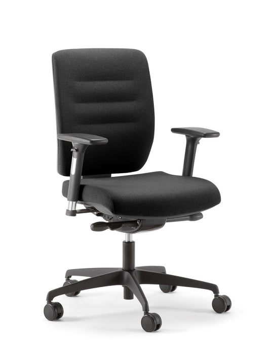 Black office chair with adjustable arms on a white background