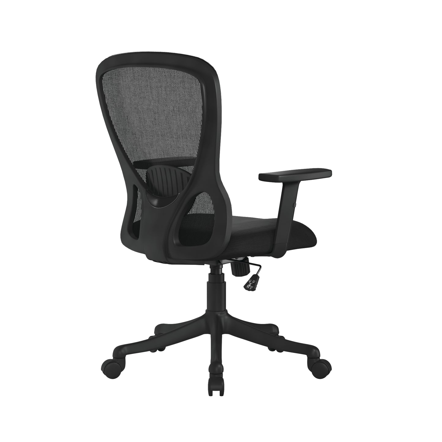 Black office chair with mesh backrest on a white background