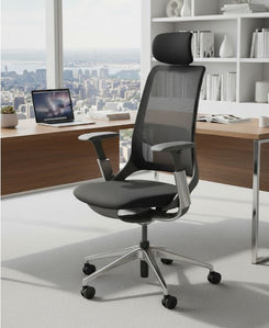 Ergonomic office chair with headrest in a modern office setting