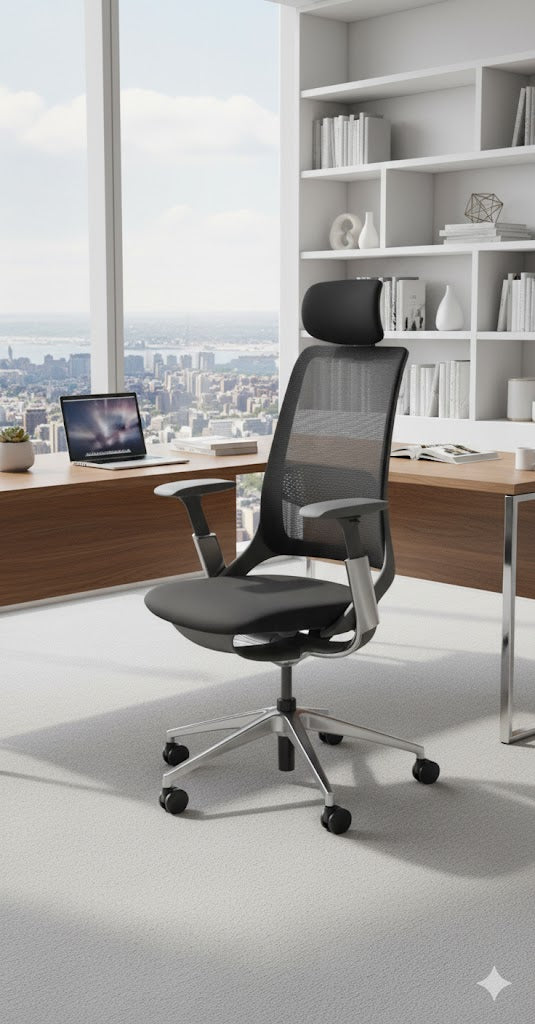 Modern office chair in a bright room with a city view