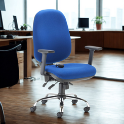 Blue office chair in an office setting with desks and computers.