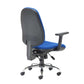 Office chair with blue seat and black backrest on a white background