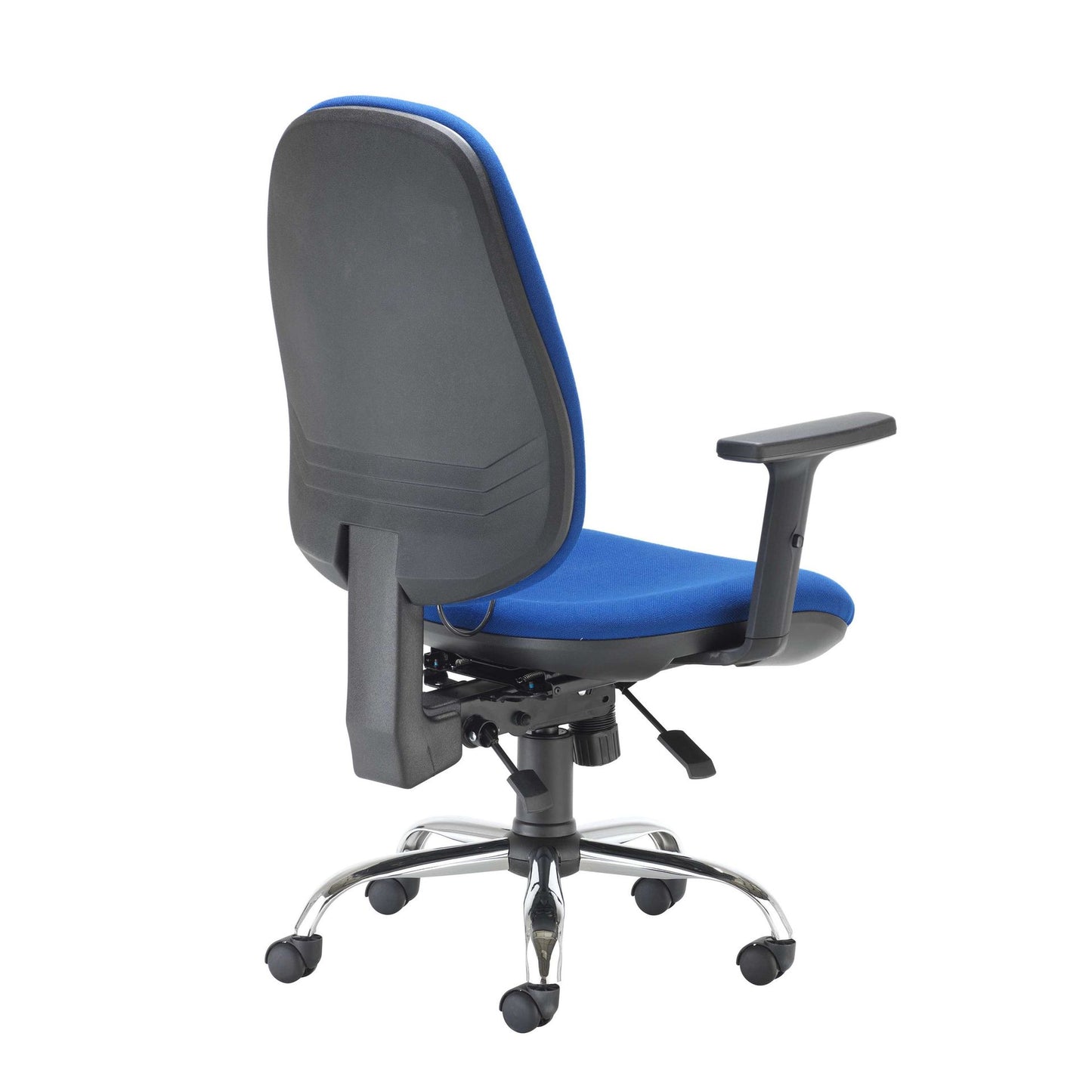 Office chair with blue seat and black backrest on a white background