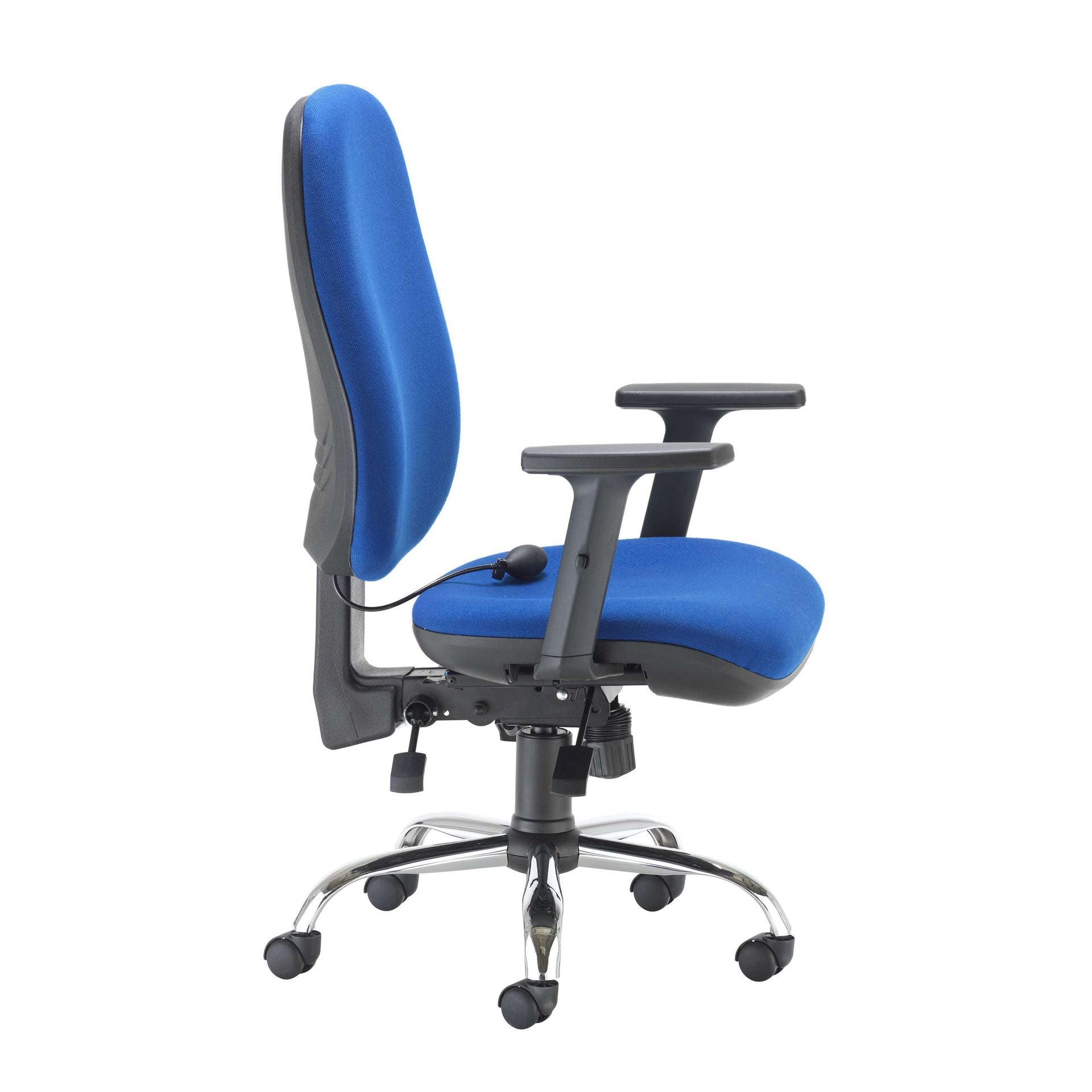 Blue office chair with black armrests on a white background