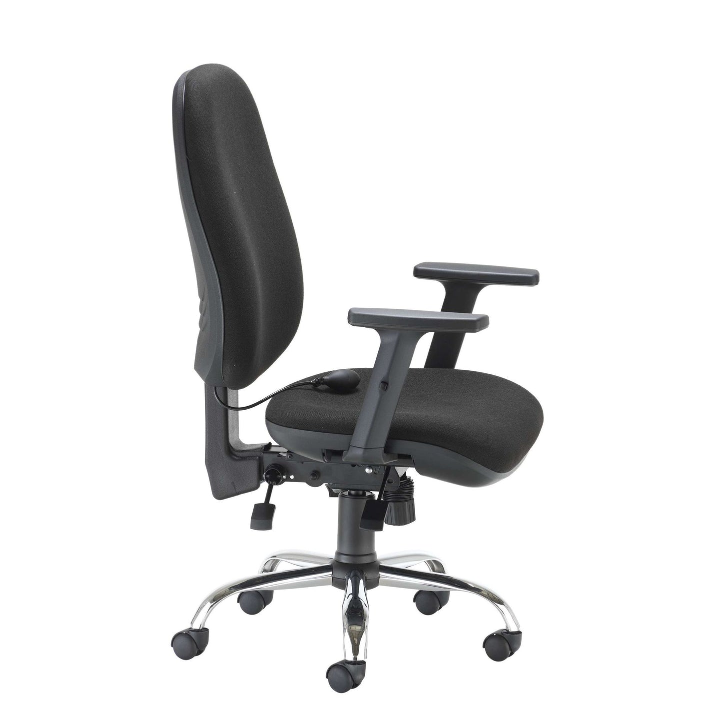 Black office chair with adjustable armrests on a white background
