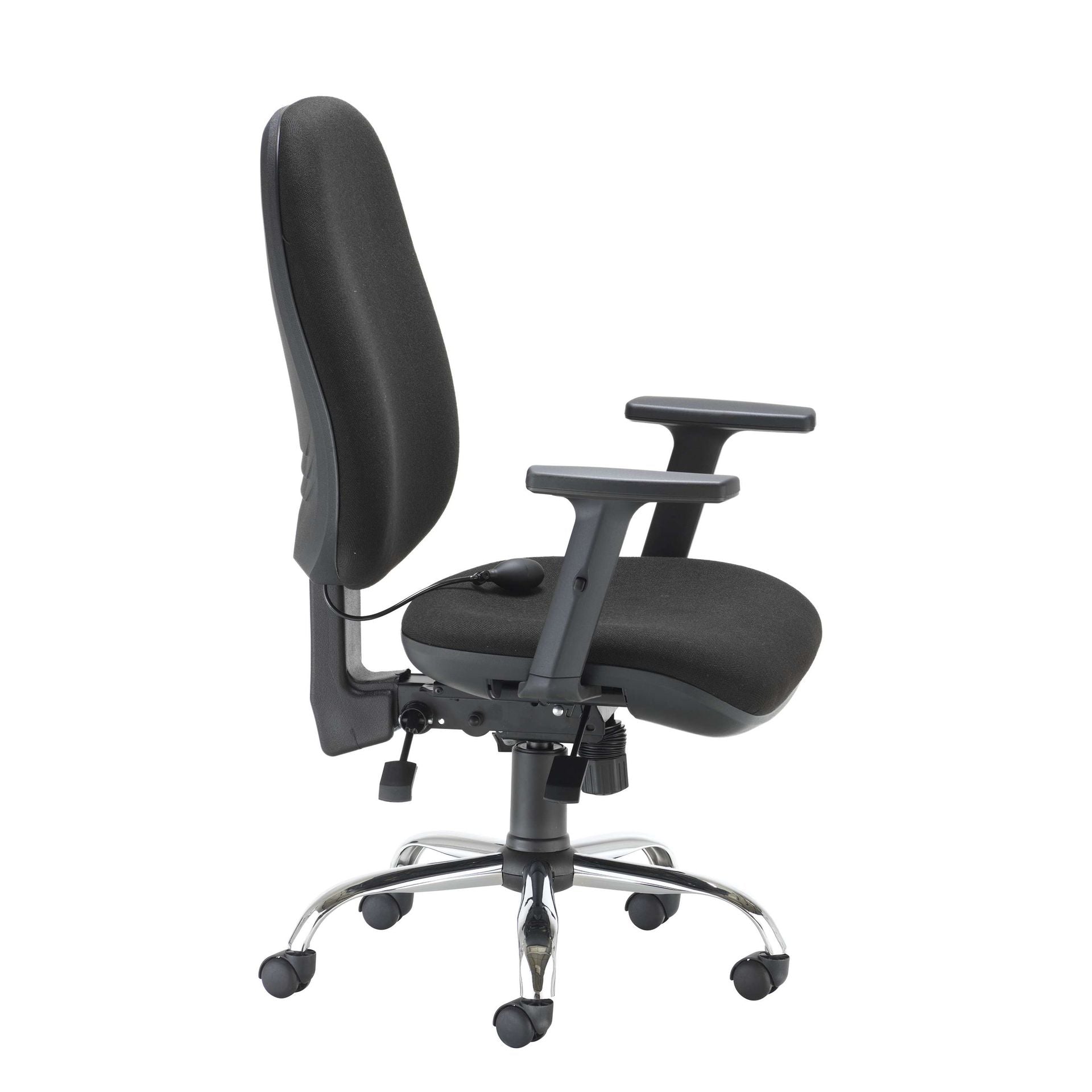 Black office chair with adjustable armrests on a white background