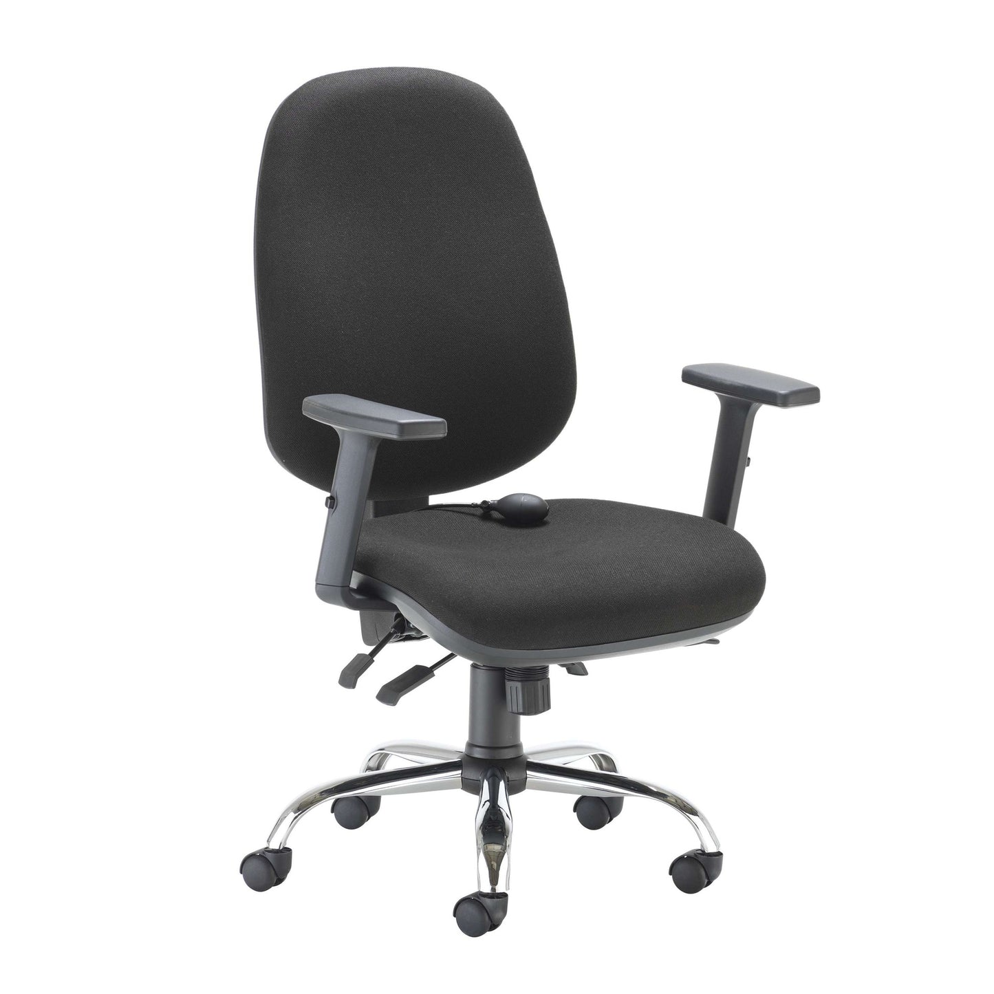 Black office chair with armrests on a white background