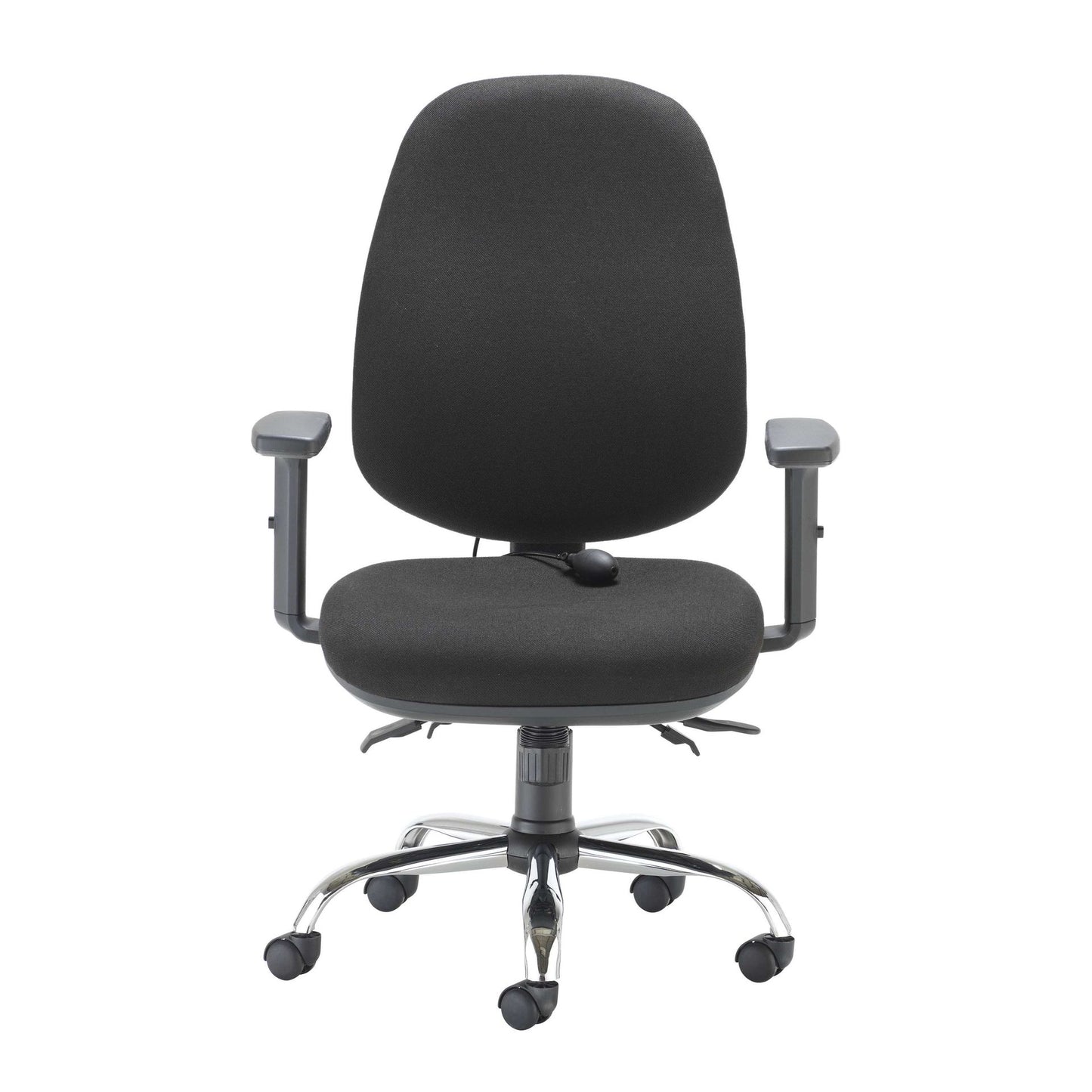 Black office chair with armrests on a white background