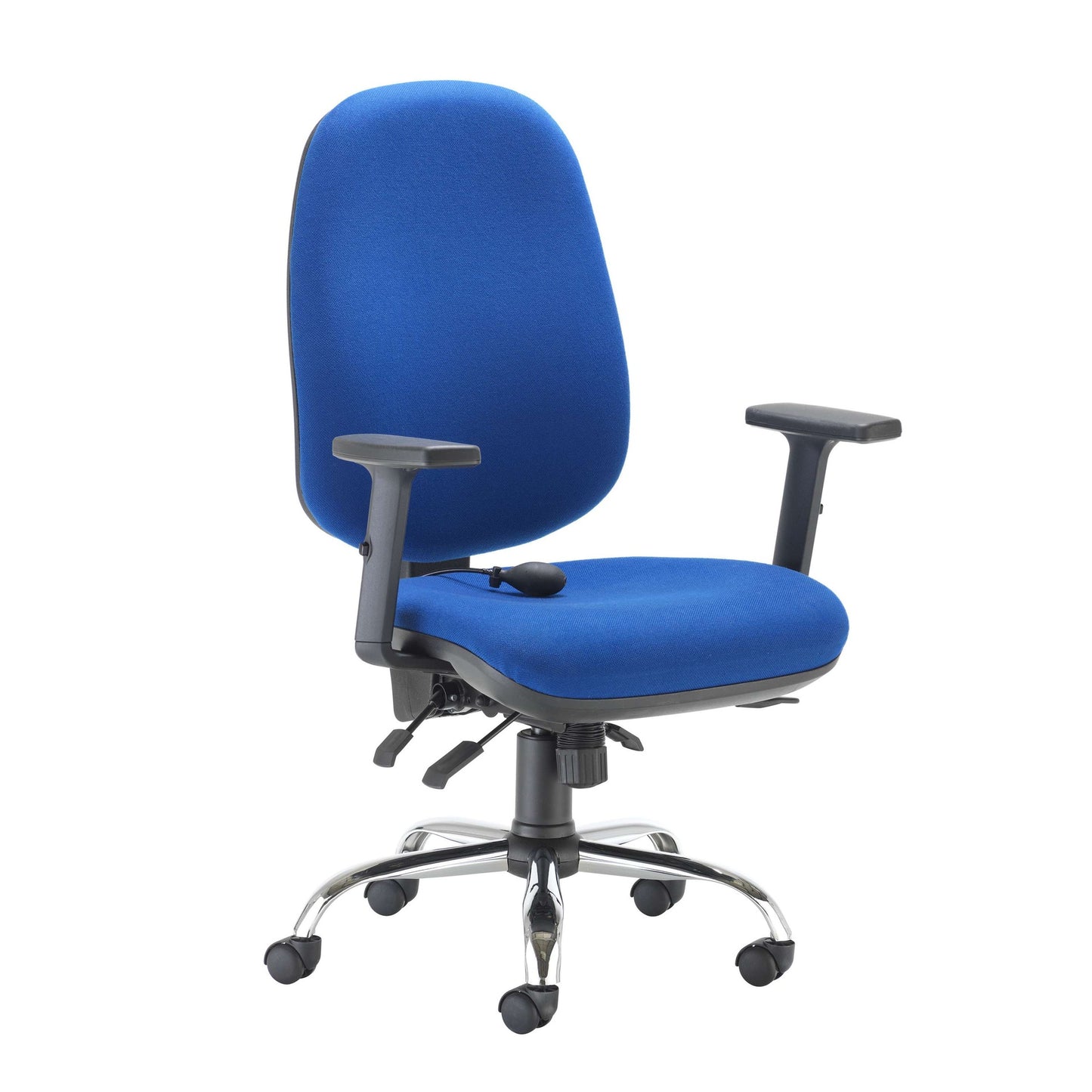 Blue office chair with black armrests on a white background