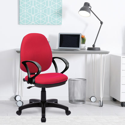 Red office chair in a modern office setting with a desk, laptop, and lamp.
