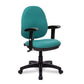 Teal office chair with black arms and base on a white background