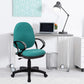 Teal office chair in front of a white desk with a laptop and lamp.