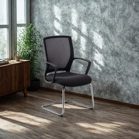Black office chair in a room with a textured wall and wooden floor.