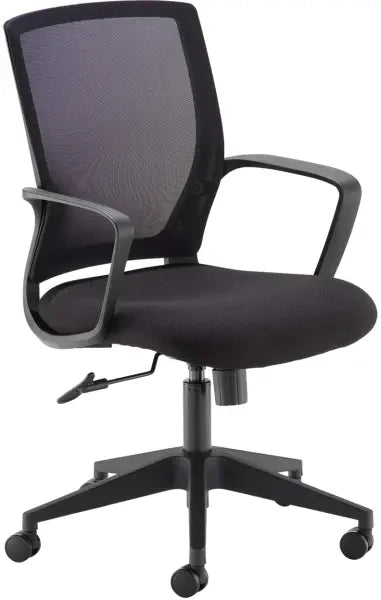 Black office chair with mesh back on a white background