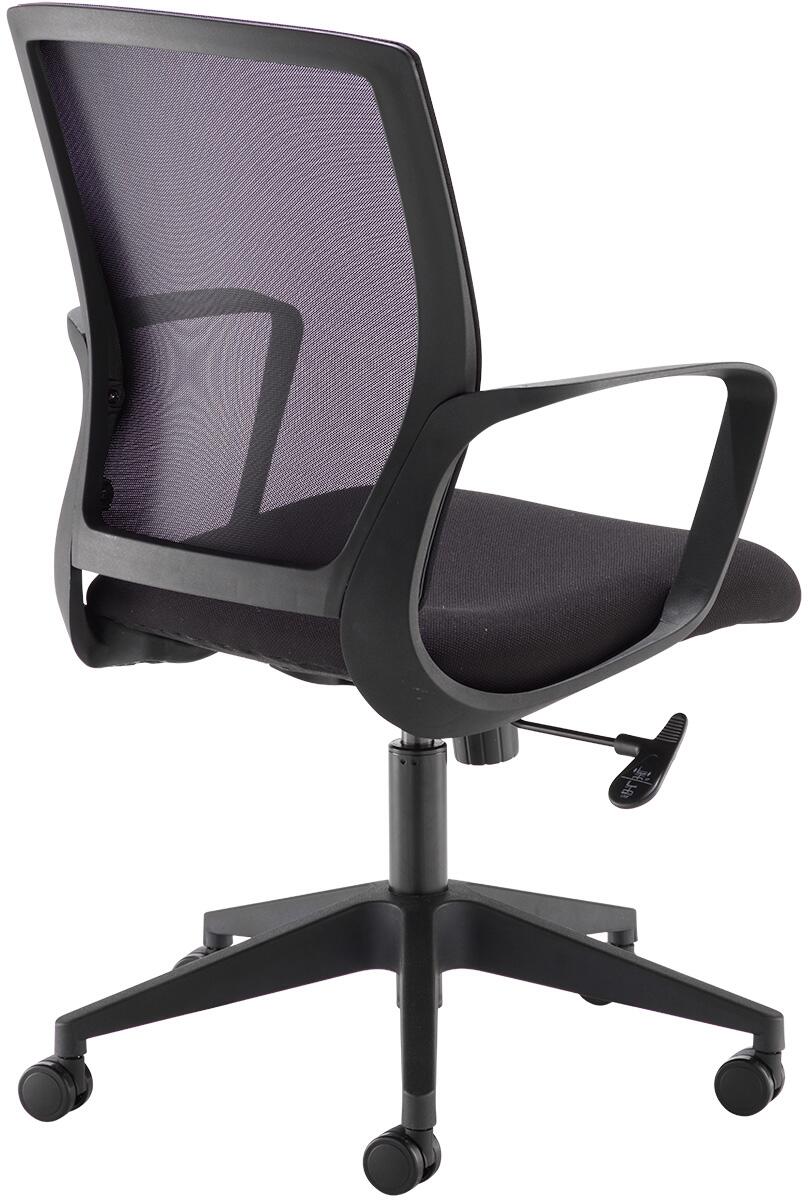 Black office chair with mesh backrest on a white background