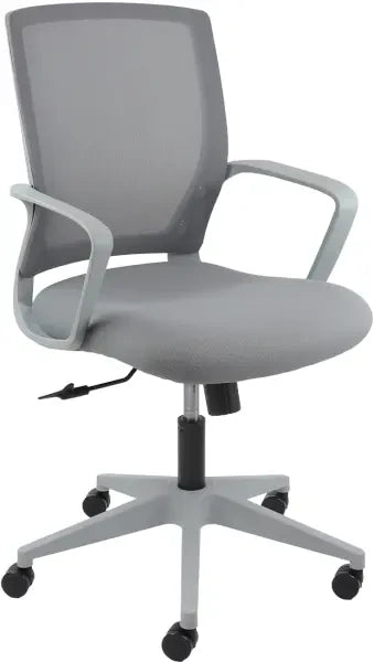 Gray office chair with mesh back and armrests on a white background