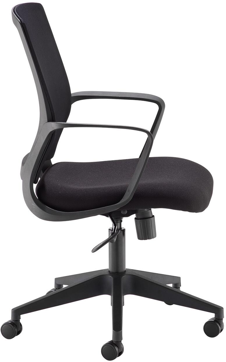 Black office chair with adjustable armrests on a white background