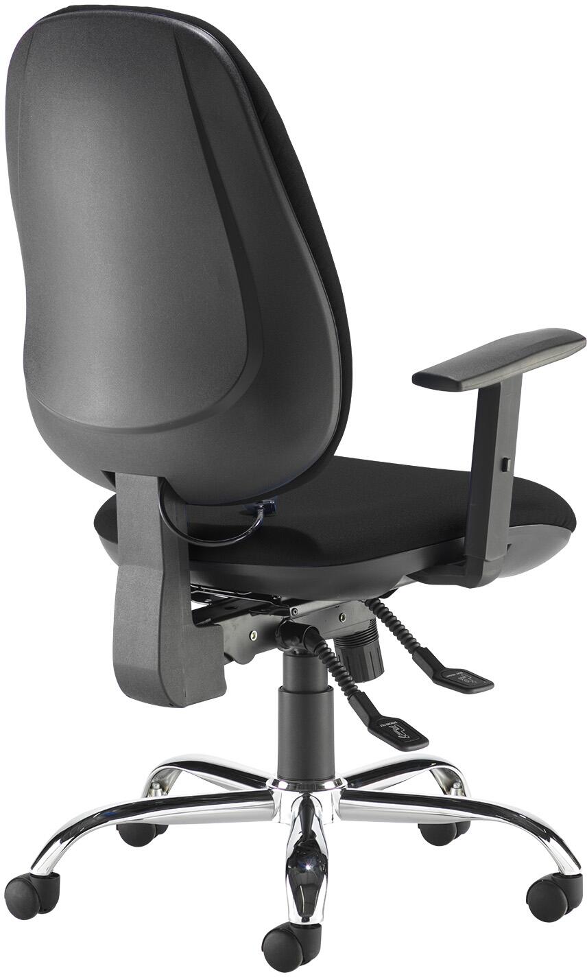 Black office chair with adjustable arms on a white background