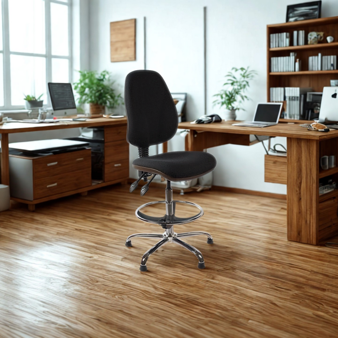 Modern office setup with wooden desk, black chair, and computer equipment.