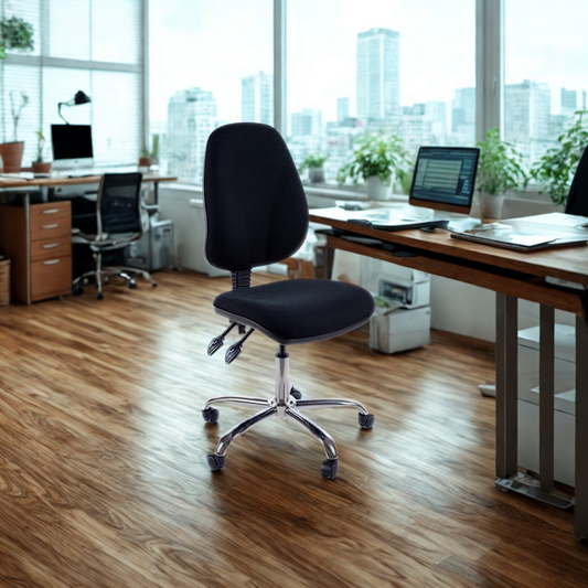 Modern office setup with ergonomic chair and desk in a bright room with city view.