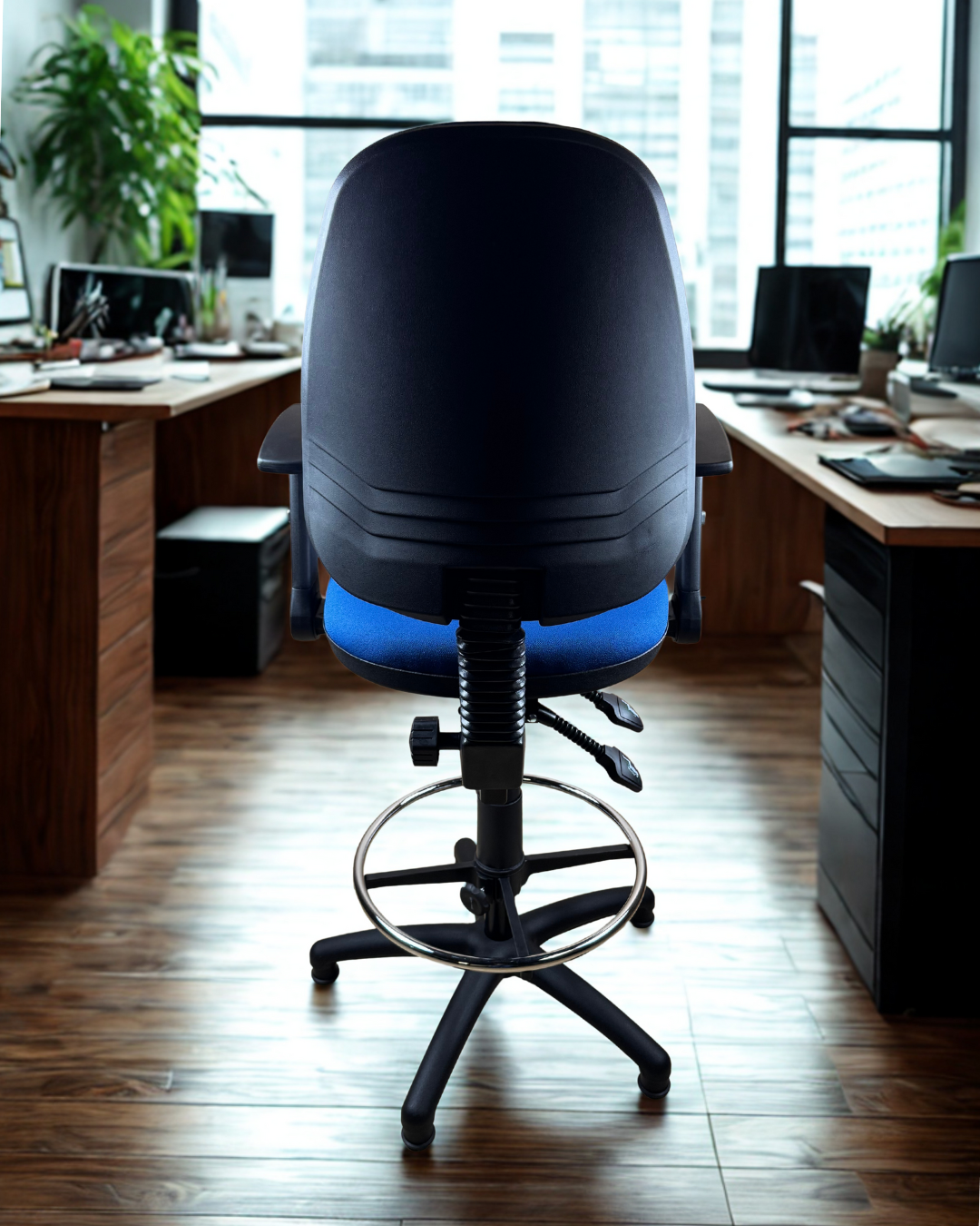 Black office chair with blue seat in an office setting