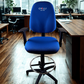 Blue office chair with 'Chilli' branding in an office setting