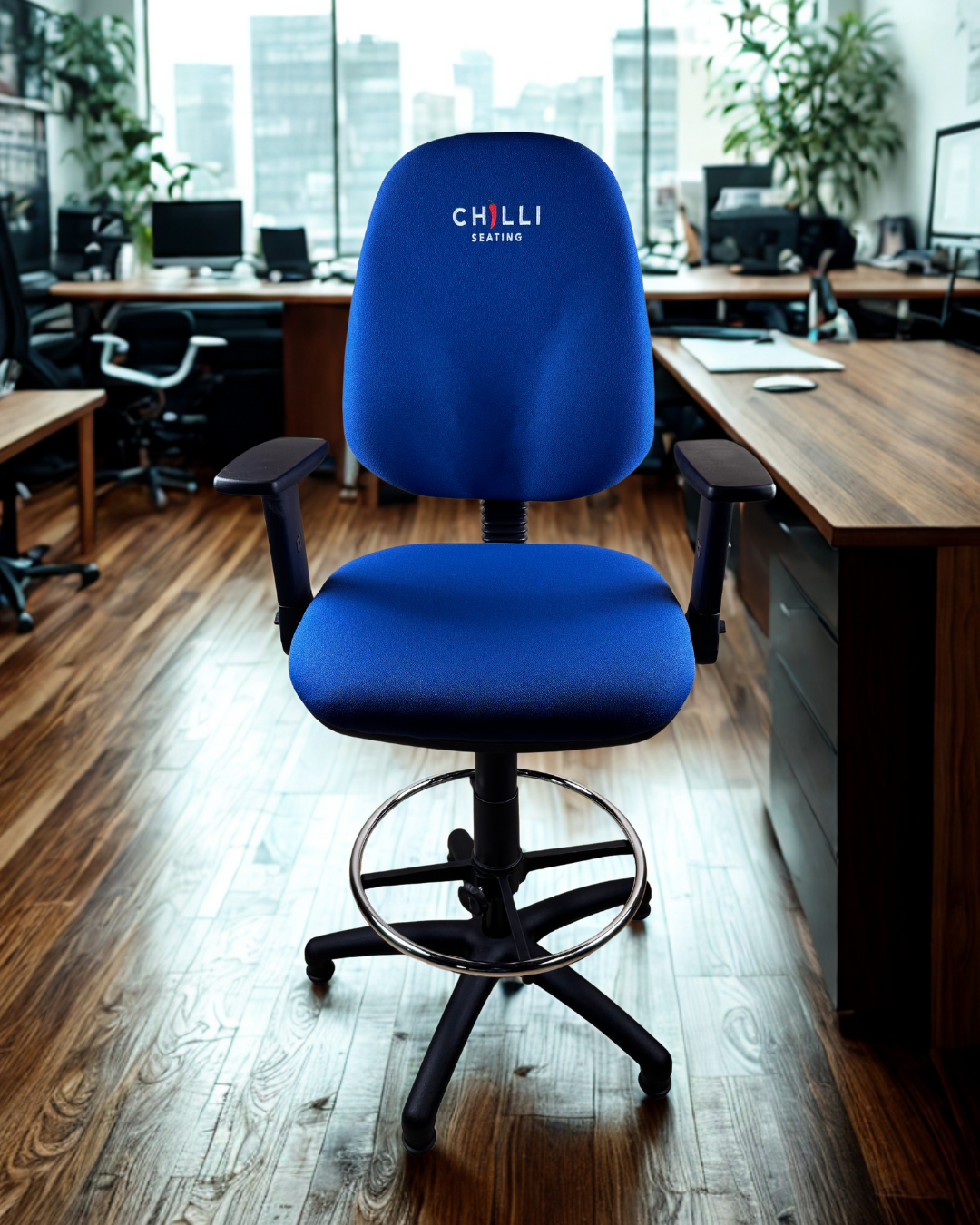 Blue office chair with 'Chilli' branding in an office setting