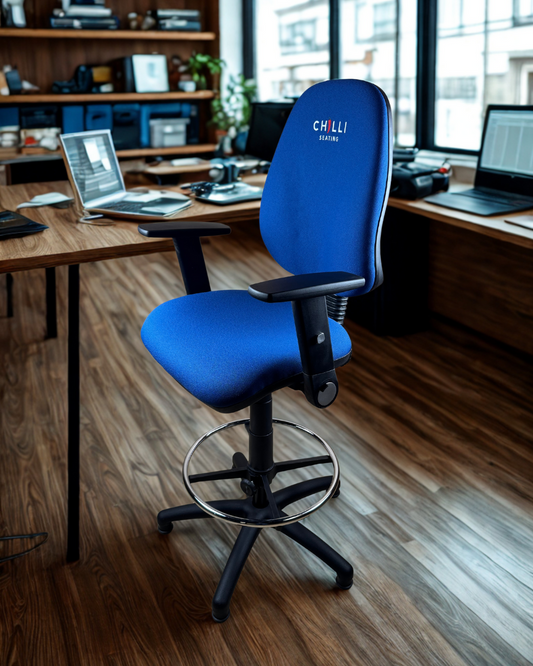 Blue office chair with 'Chilli' branding in an office setting
